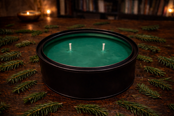 Round green candle in a black container, surrounded by pine branches.