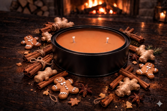 Warm candle surrounded by gingerbread cookies and cinnamon sticks on a rustic table.