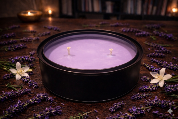 A round lavender candle surrounded by lavender flowers and white blossoms.