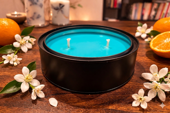 A black candle jar with turquoise wax, surrounded by flowers and orange slices.