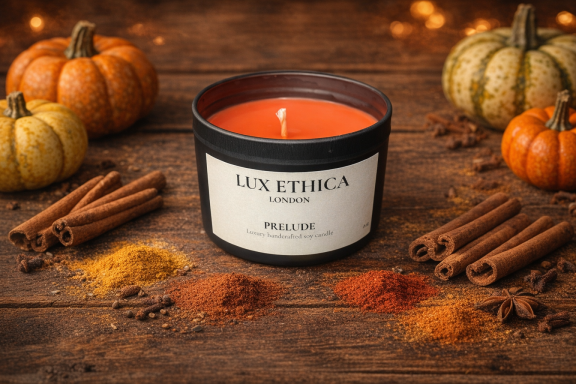 A scented candle surrounded by pumpkins and spices on a wooden surface.