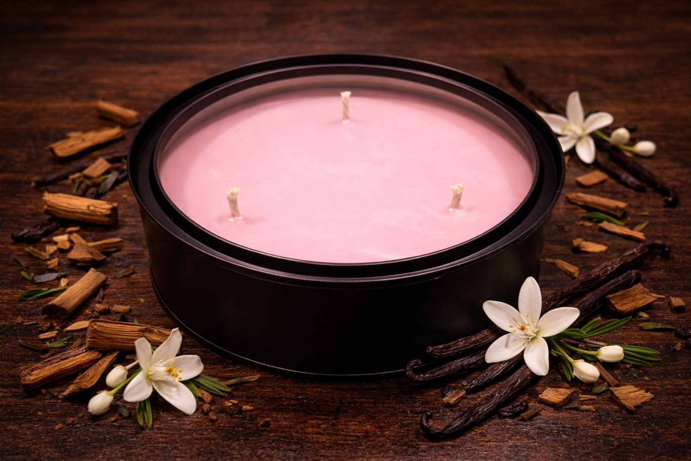 Vesper - Large Pink candle with three wicks, surrounded by cinnamon sticks and white flowers.
