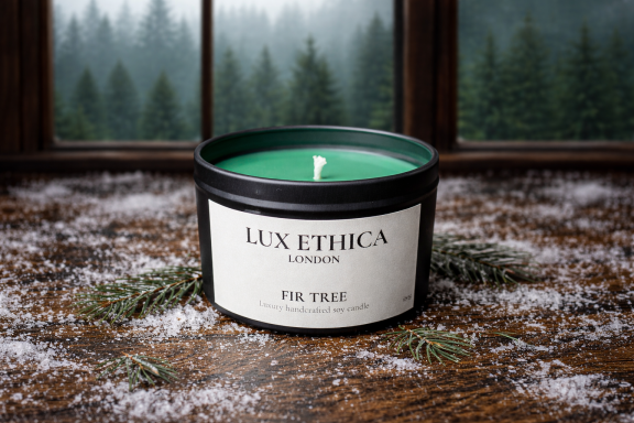 A green candle in a black jar, placed on a snowy surface near pine trees.