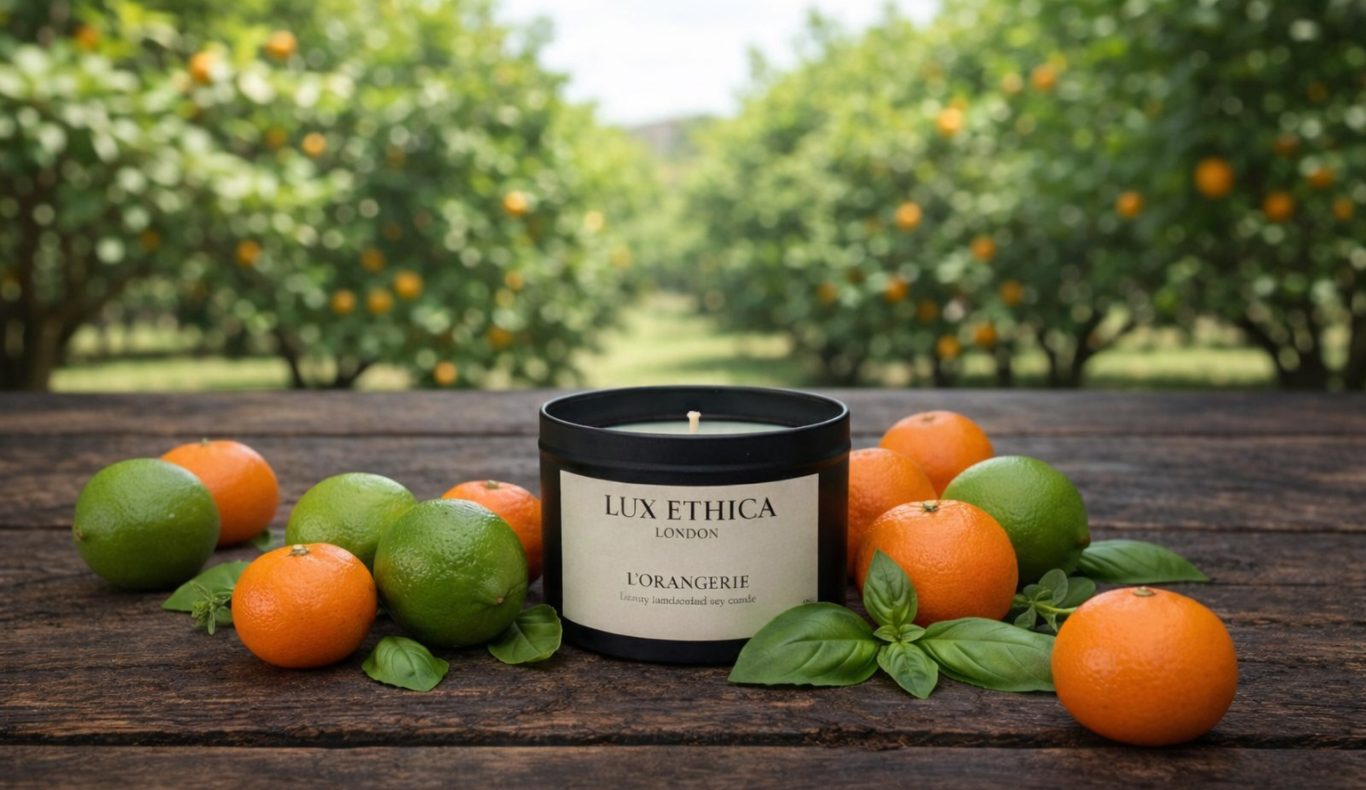 L'Orangerie - Medium A black candle jar surrounded by tangerines and limes on a wooden surface in an orchard.