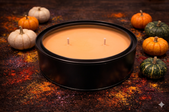 A scented candle surrounded by pumpkins and autumn leaves.