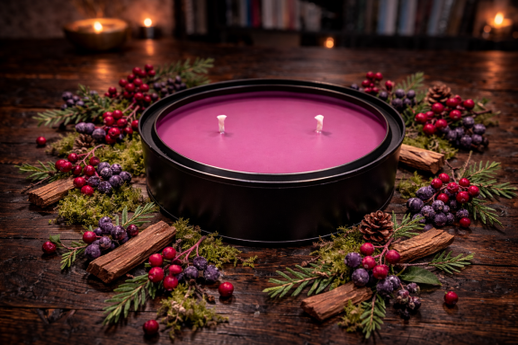 Purple candle surrounded by pine branches, berries, and cinnamon sticks on a wooden surface.