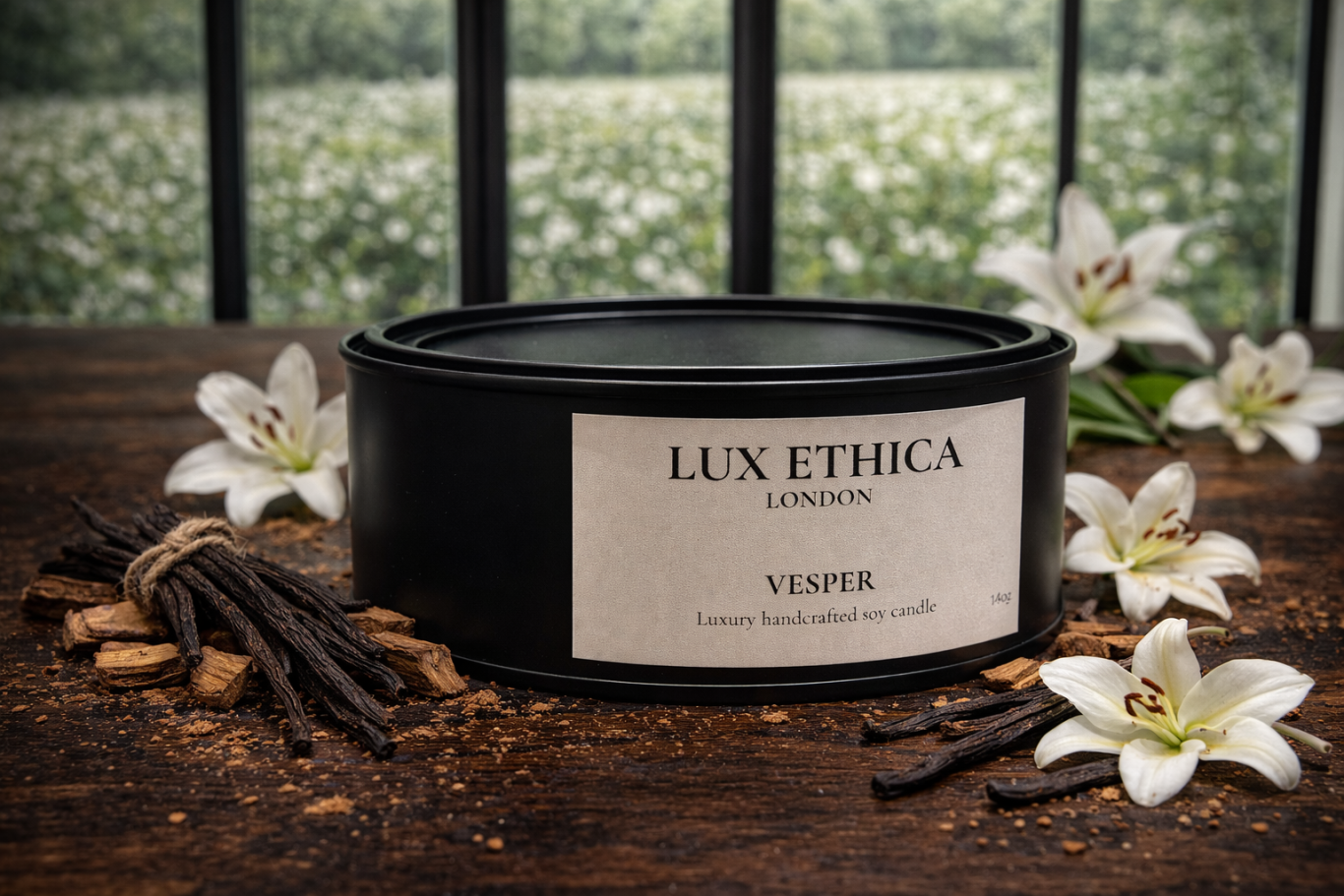 Vesper - Large Black candle jar labelled "Lux Ethica" surrounded by vanilla pods and white lilies.