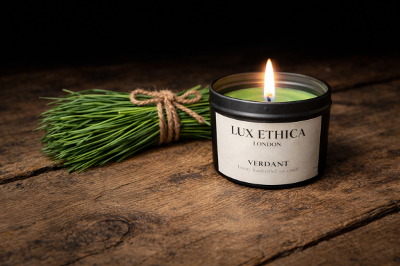 Vegan soy wax scented candle with a fresh green fragrance