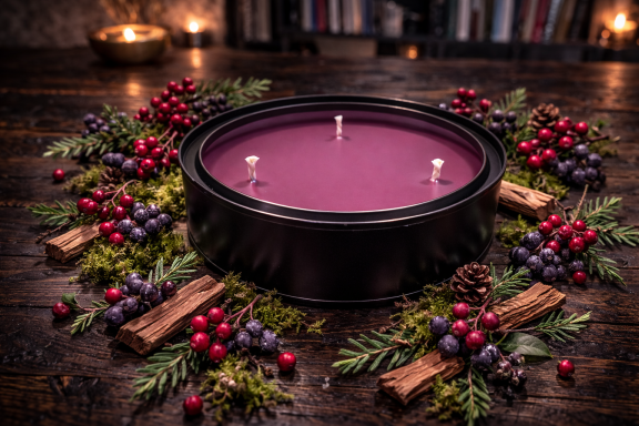 Fugue - Large Purple candle surrounded by berries, pine, and cinnamon sticks on a wooden surface.