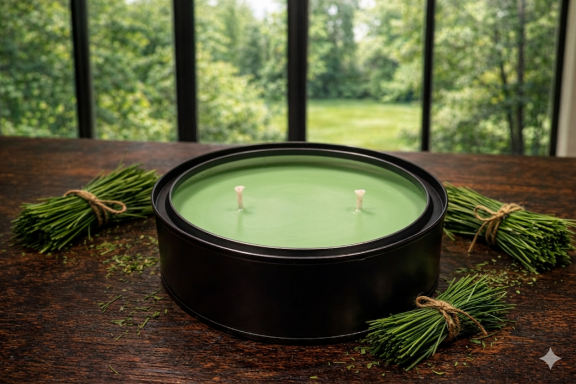 Large round green candle surrounded by tied bundles of greenery on a wooden surface.