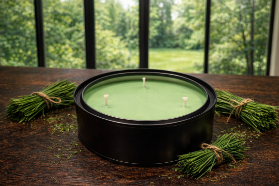 Verdant - Large A round green tabletop game surrounded by bundles of grass.