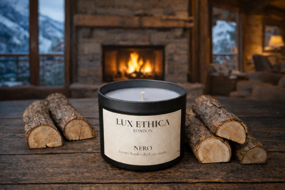 A candle beside logs in a cosy cabin, with a fireplace glowing in the background.