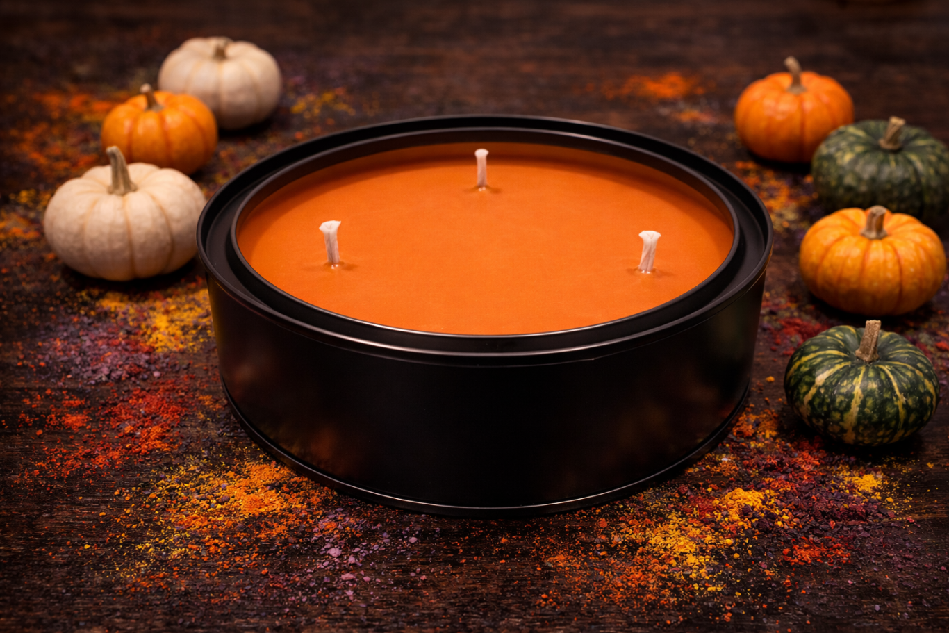 Prelude - Large Round orange candle surrounded by decorated pumpkins on a textured surface.