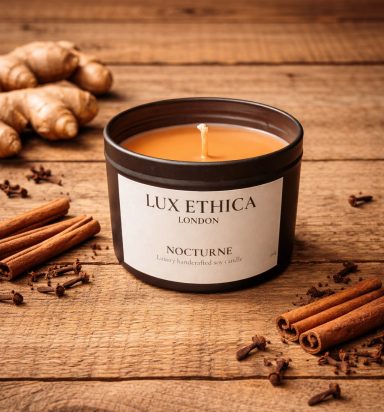 Candle surrounded by ginger, cinnamon sticks, and cloves on a wooden table.