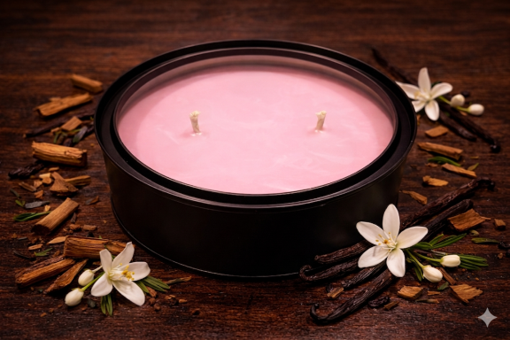 Pink candle in a black container surrounded by flowers and spices on a dark wooden surface.