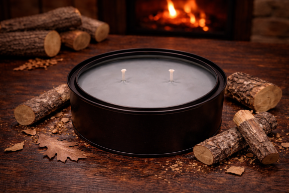 Round candle surrounded by logs, with a warm fire in the background.
